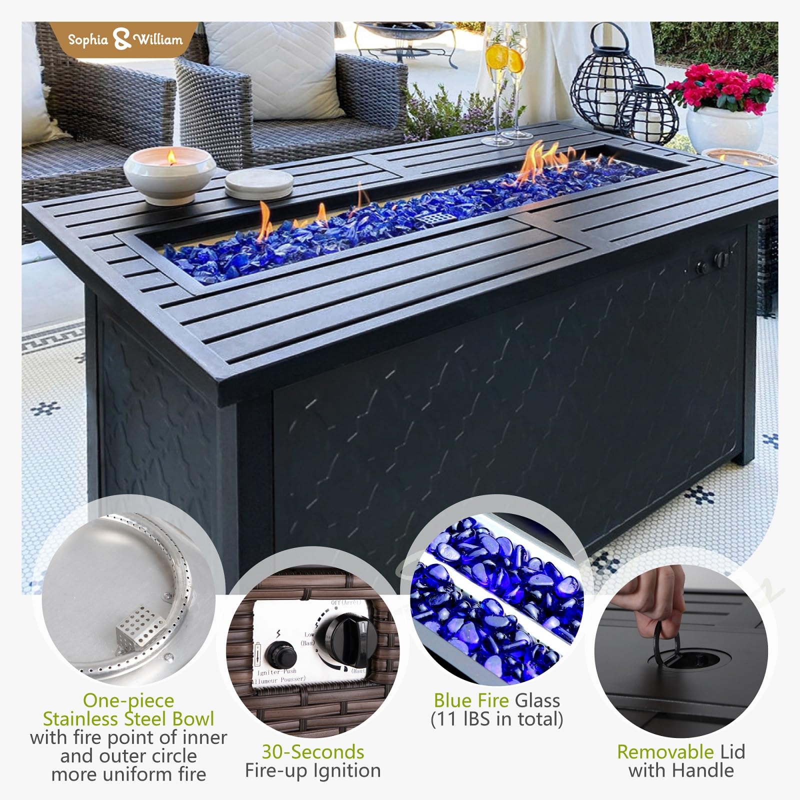 Sophia & William Patio Furniture Set with 45" Fire Pit Table, 10 Piece Outdoor Wicker Furniture