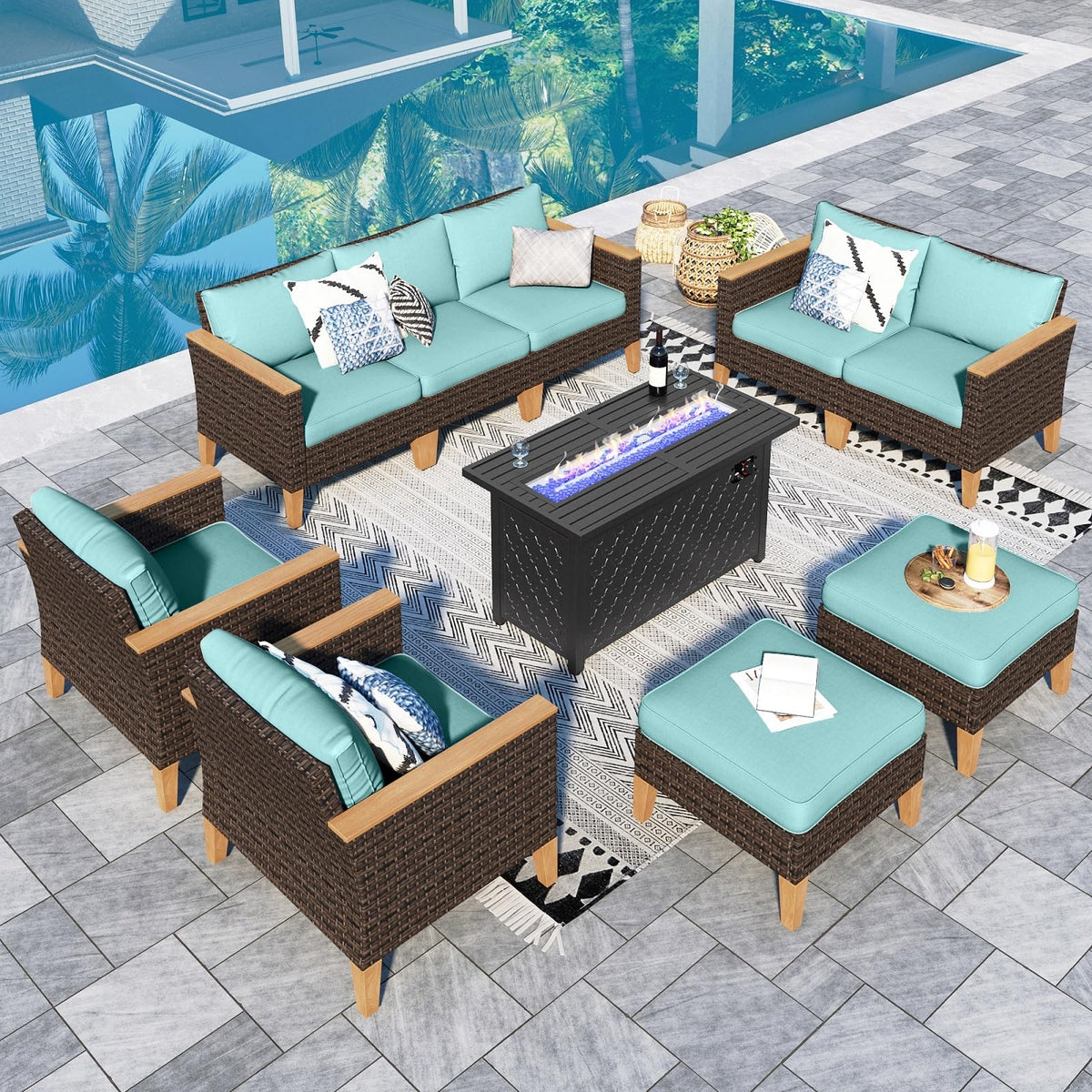 Sophia &amp; William Patio Furniture Set with 45" Fire Pit Table, 10 Piece Outdoor Wicker Furniture
