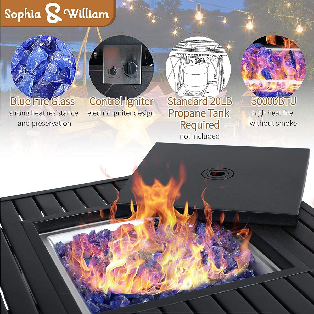 Sophia & William 5 Pieces Patio Dining Set with Gas Fire Pit Table