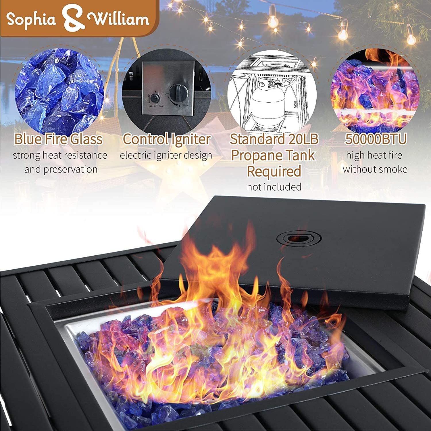 Sophia & William 5 Pieces Patio Dining Set with Gas Fire Pit Table