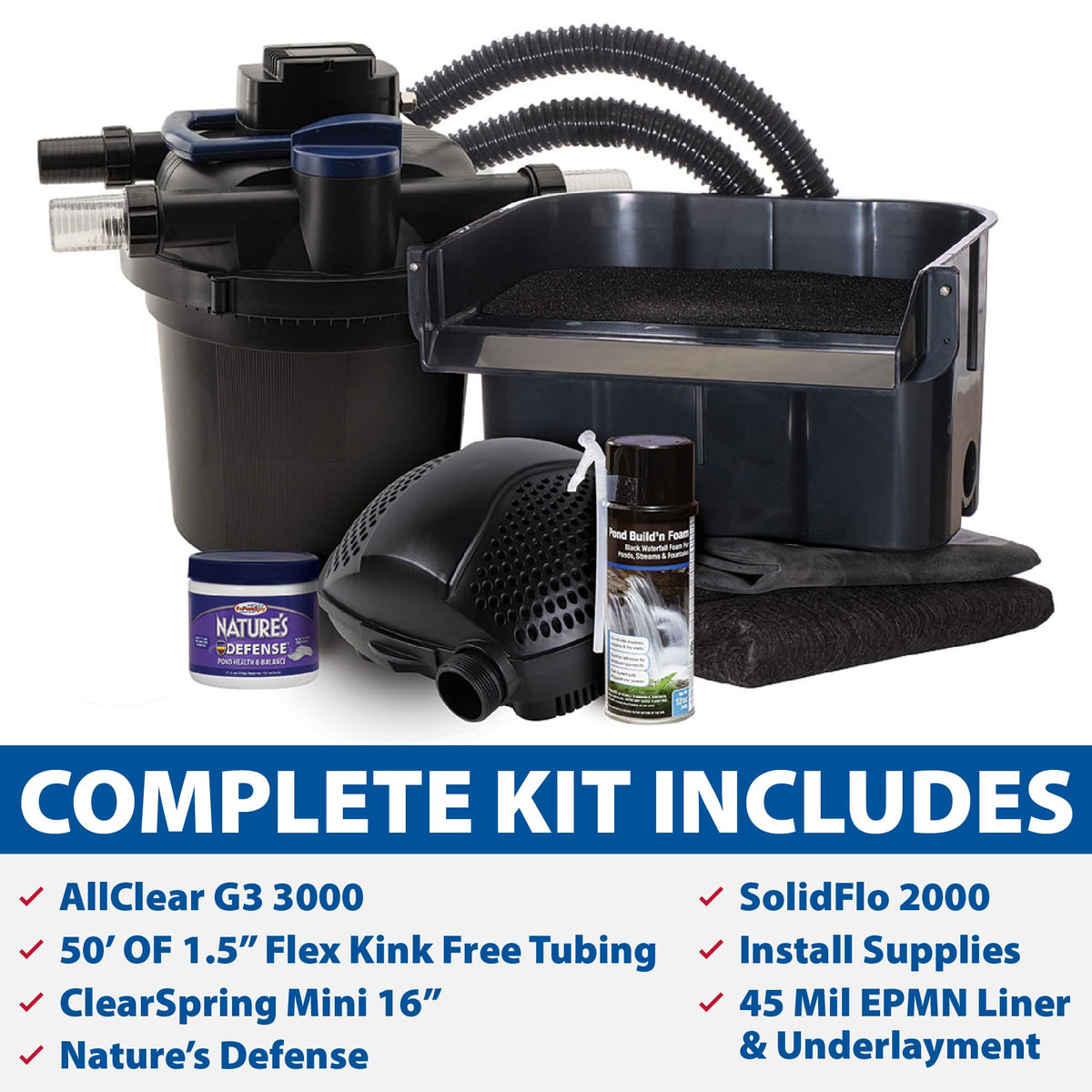 The Pond Guy AllClear Ecosystem Kit – Complete DIY Fishpond with Liner, Pump, UV Filter & Waterfall (1,000-2,000 Gallons) 11' x 11'