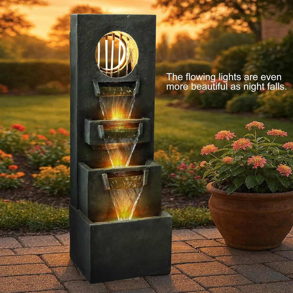 Naturefalls 39.3” H Modern Outdoor Fountain - 4-Tiered Outdoor Garden Fountains with Contemporary Design&LED Light for Garden, Patio, Deck, Porch, Backyard and Home Art Decor