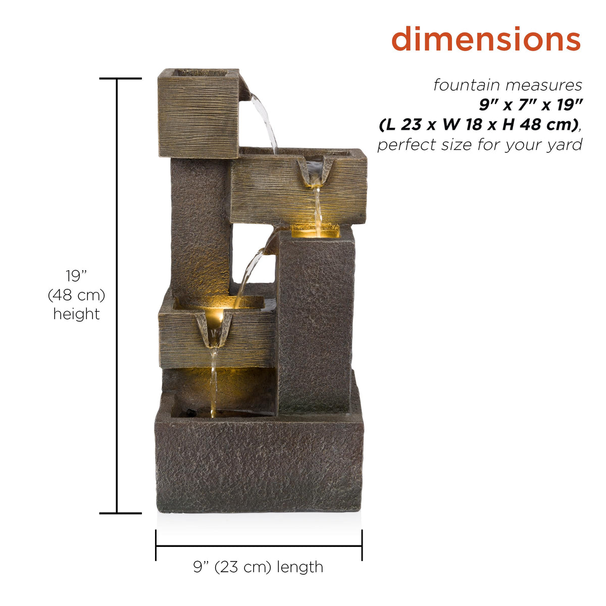 Alpine Corporation ZDQ110 19" Indoor/Outdoor Multi-Tier Water Fountain with LED Lights – Cascading Waterfall Feature for Gardens, Patios, Yards, and Home Décor, Gray