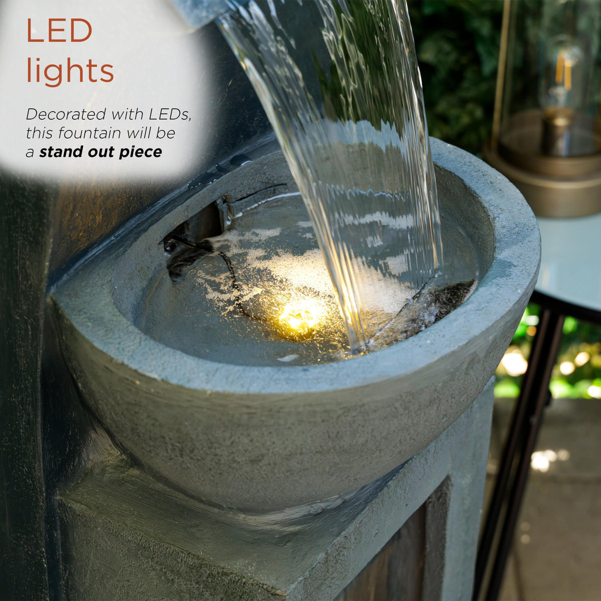 Alpine Corporation 41" Tall Outdoor Basin Waterfall Floor Fountain with LED Lights for Garden, Patio, Lawn and Backyard Decor, Gray