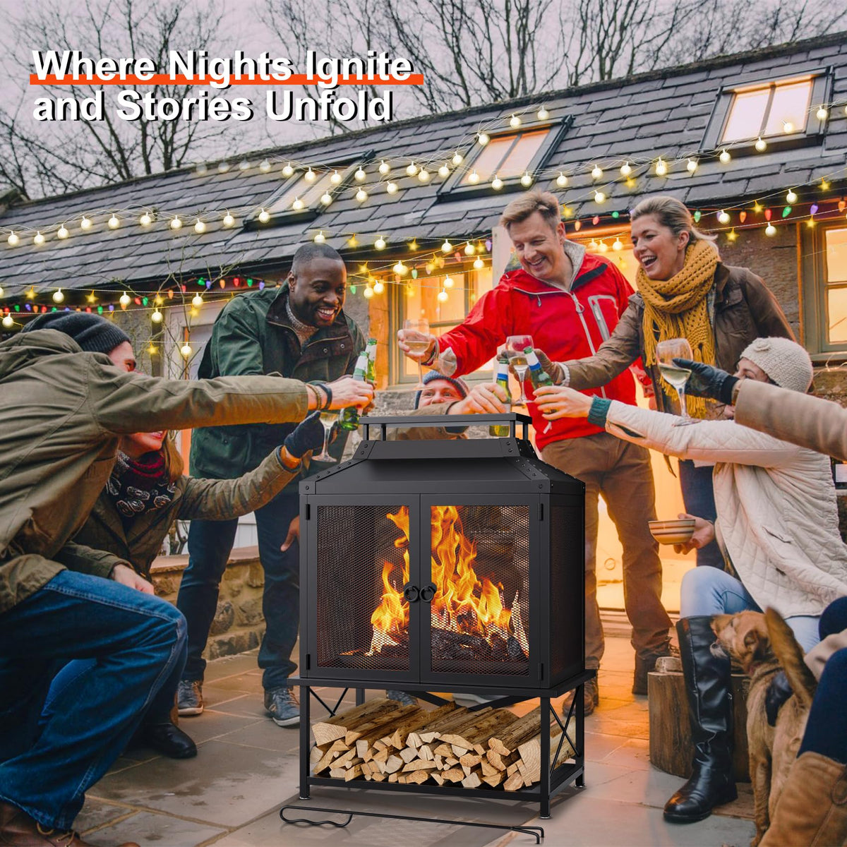VELUVIA Metal Outdoor Fireplace for Patio - 39" H Square Chiminea Fire Pits Outside Wood Burning with Grill, Mesh Spark Screen & Fire Poker, for Garden, Backyard, Party, Camping, Picnic, BBQ, Bonfire