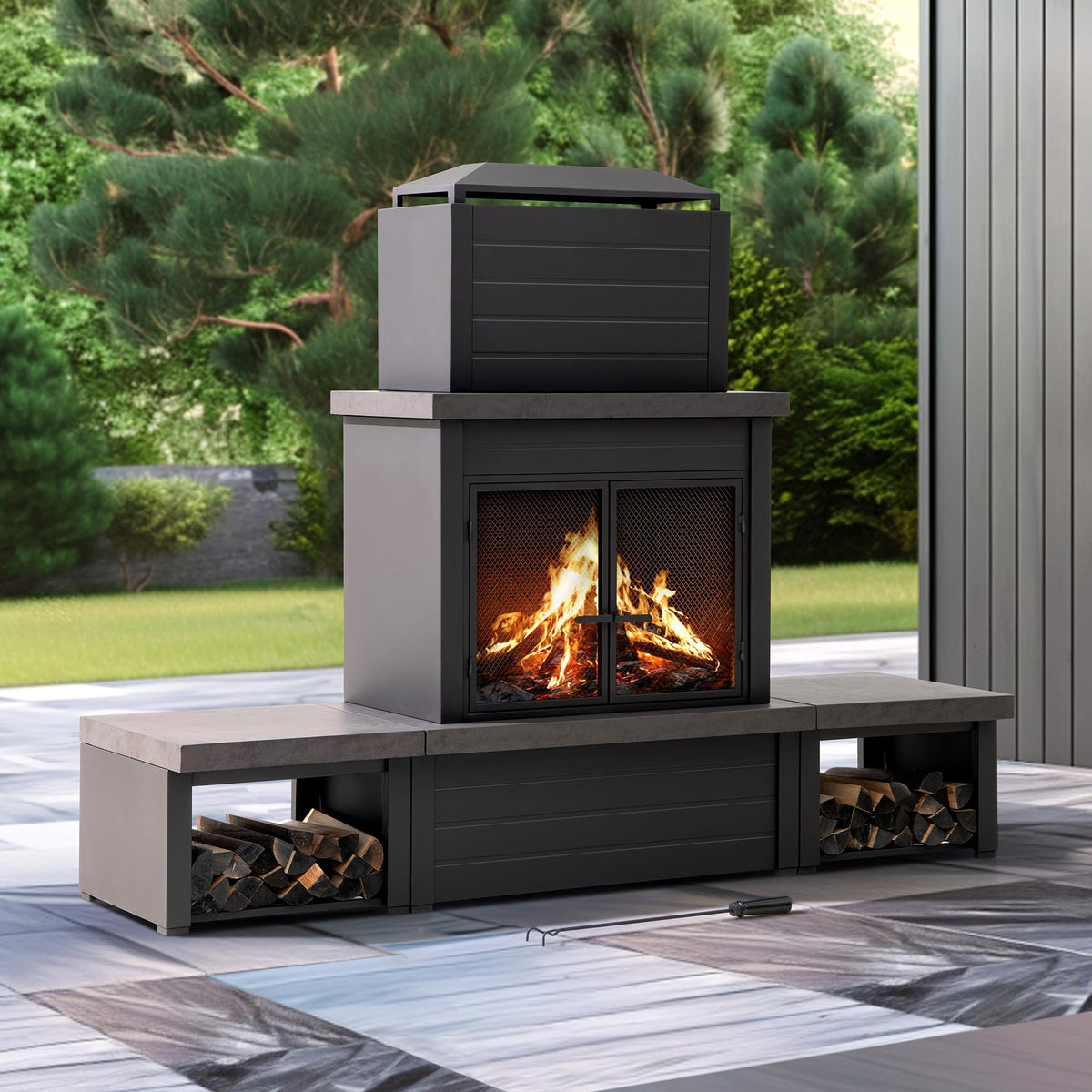 SUNJOY Outdoor Fireplace with Wood Storage and Chimney, Steel Metal Wood Burning Fire Pit with Mesh Spark Screen Door &amp; Fire Poker, Fireplace Tool and PVC Cover, for Patio Garden Deck Backyard, Brown