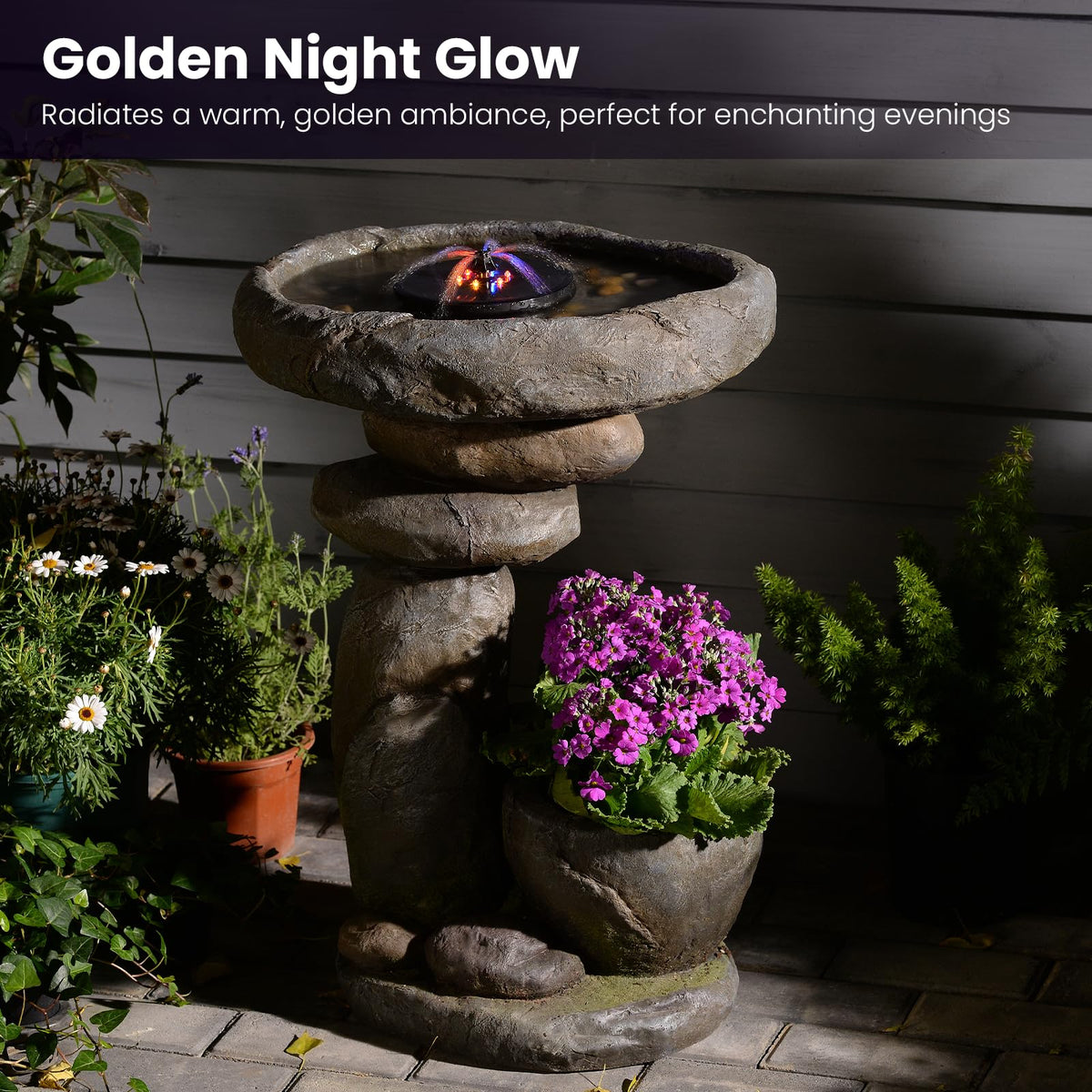 GardesT Solar Fountain for Bird Bath, Water Fountain Outdoor with Planter, Freestanding Rock Solar Waterfall with LED Lights for Garden, Patio, Yard