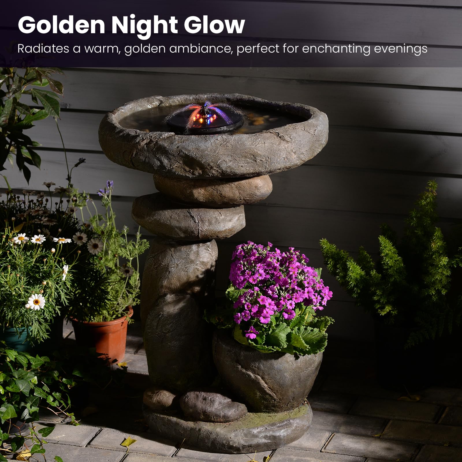 GardesT Solar Fountain for Bird Bath, Water Fountain Outdoor with Planter, Freestanding Rock Solar Waterfall with LED Lights for Garden, Patio, Yard