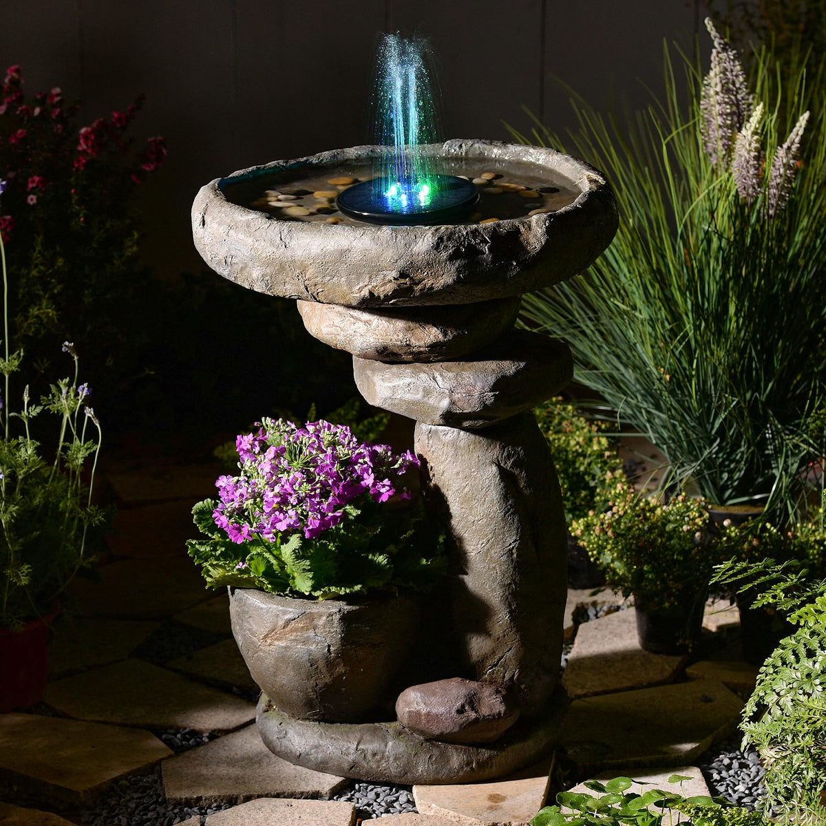 GardesT Solar Fountain for Bird Bath, Water Fountain Outdoor with Planter, Freestanding Rock Solar Waterfall with LED Lights for Garden, Patio, Yard