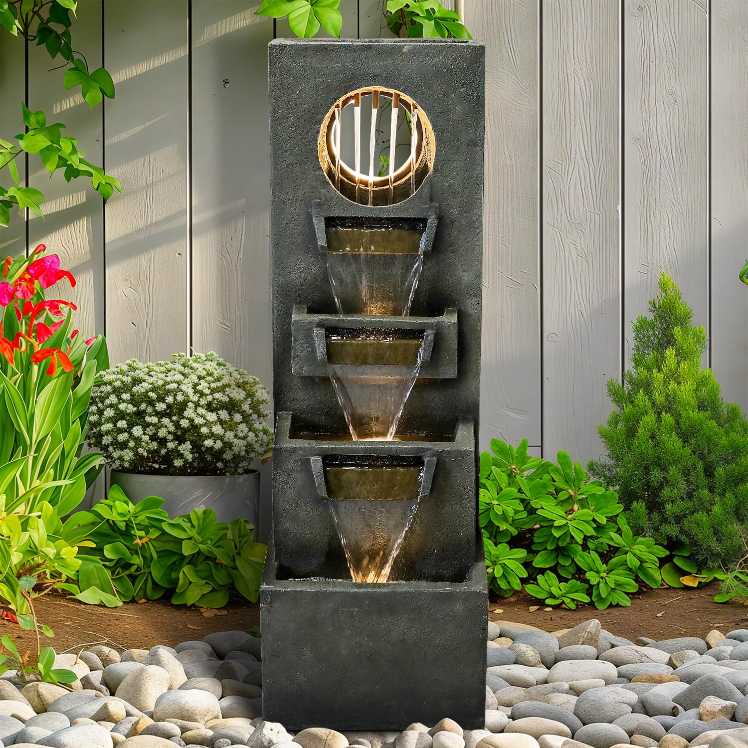 Naturefalls 39.3” Modern Outdoor Fountain - 4-Tiered Outdoor Garden Fountains with Contemporary Design&LED Light for Garden, Patio, Deck, Porch, Backyard and Home Art Decor