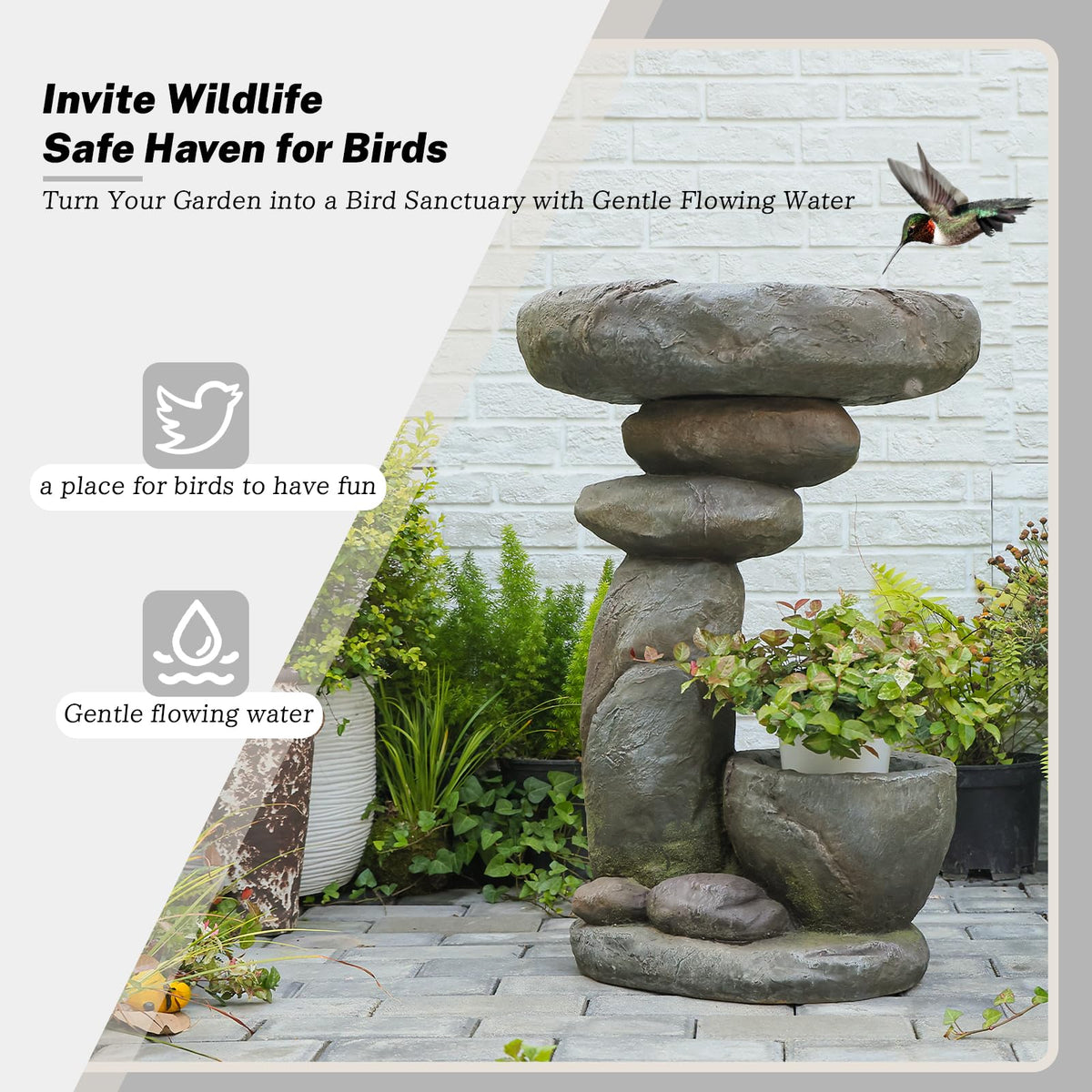 GardesT Solar Fountain for Bird Bath, Water Fountain Outdoor with Planter, Freestanding Rock Solar Waterfall with LED Lights for Garden, Patio, Yard