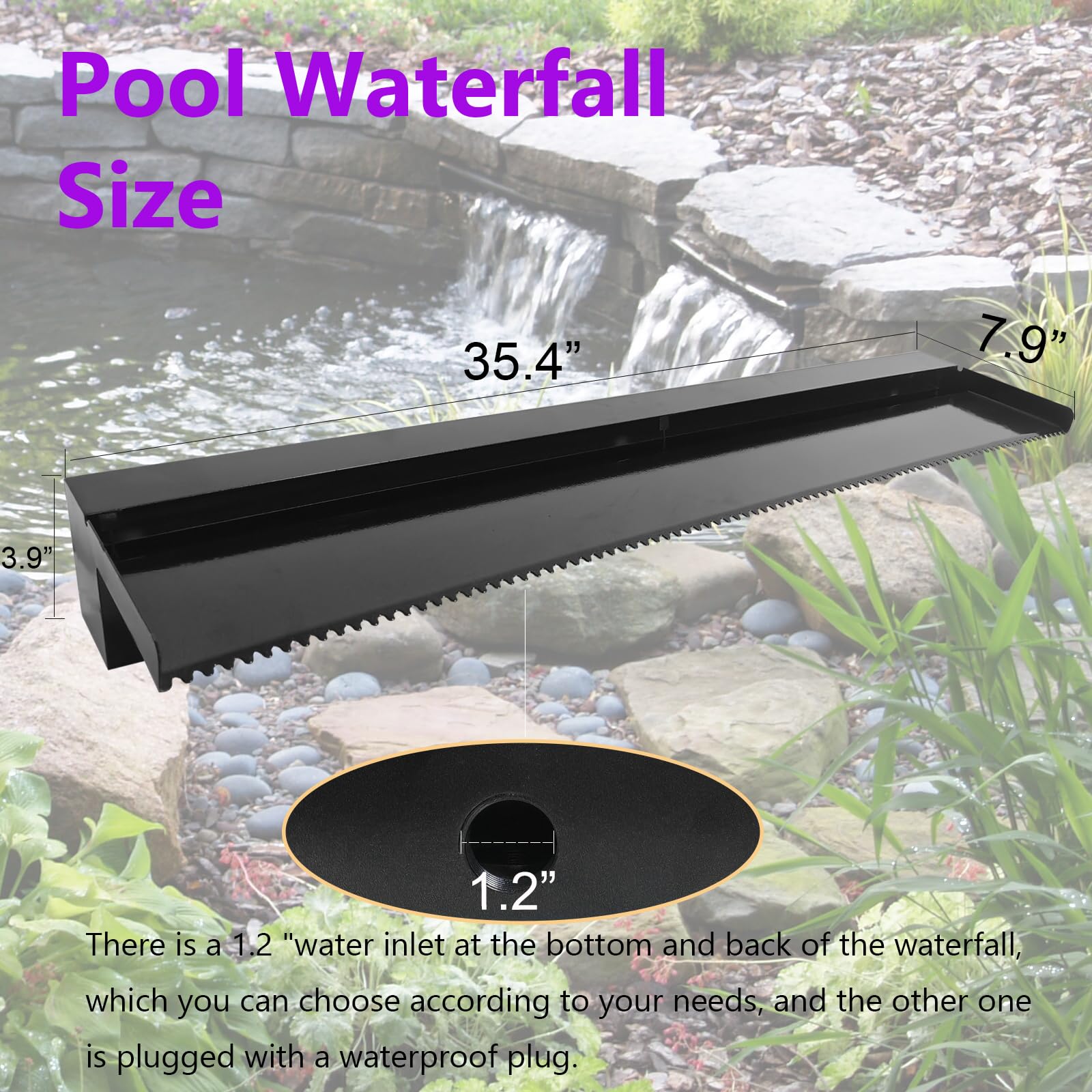 Pamopamo Pond Waterfall Spillway Pool Fountain Water Feature, Black Stainless Steel Outdoor Fountains, Swimming Pool Water Flow Waterfalls Kit for Garden Patio Ponds-35.4"x7.8"x3.9"(NO Light)