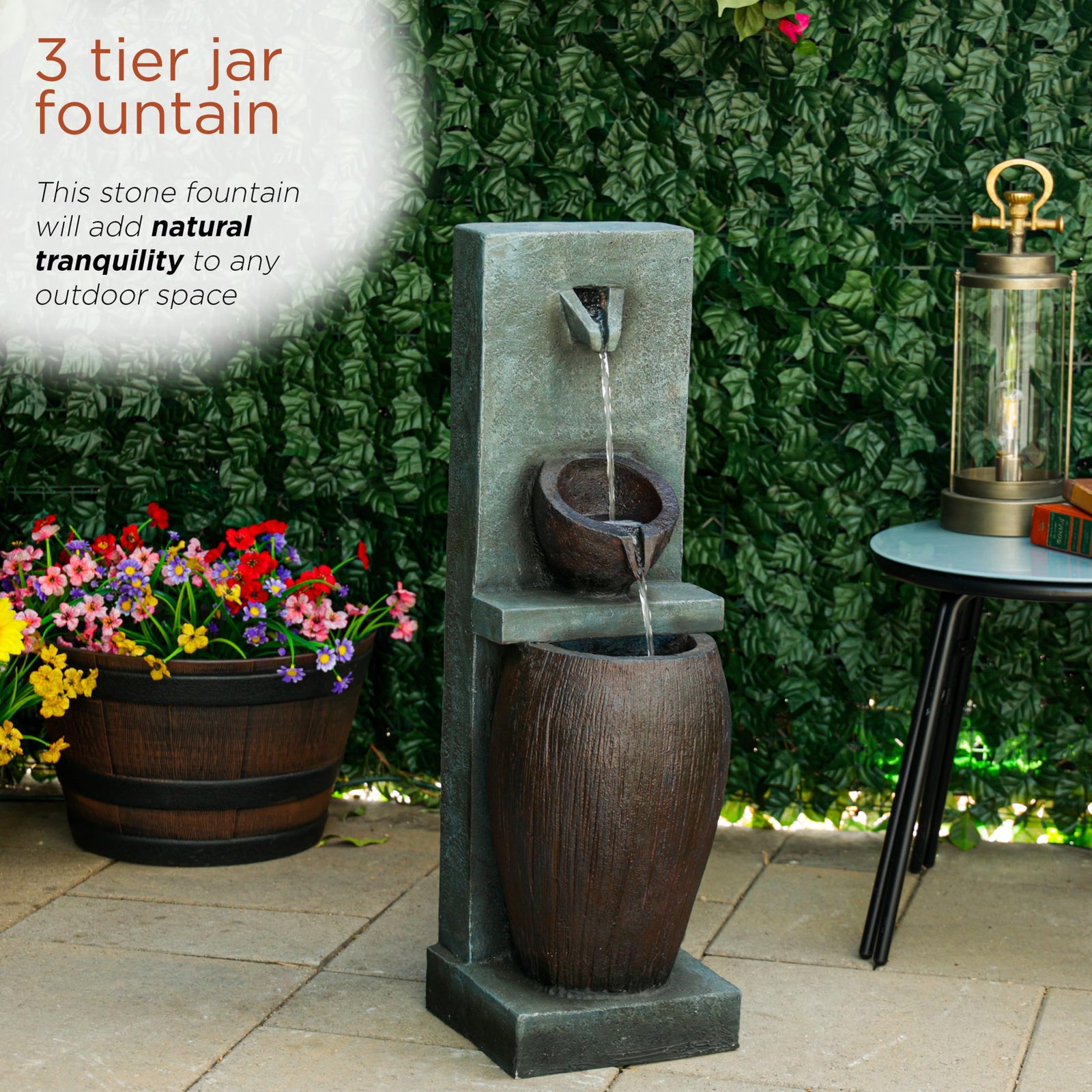 Alpine Corporation TZL388 32" 3 Tier Jar Fountain with LED Lights, Elegant Outdoor Water Feature for Garden, Patio, Backyard, Home Décor, Ceramic Water Fountain & Landscape Decorations, Gray