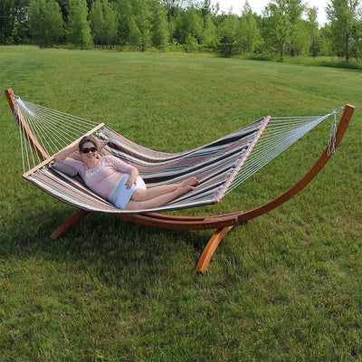 Sunnydaze Double Quilted Fabric Hammock with 12-Foot Curved Arc Wood Stand - 400-Pound Capacity - Sandy Beach