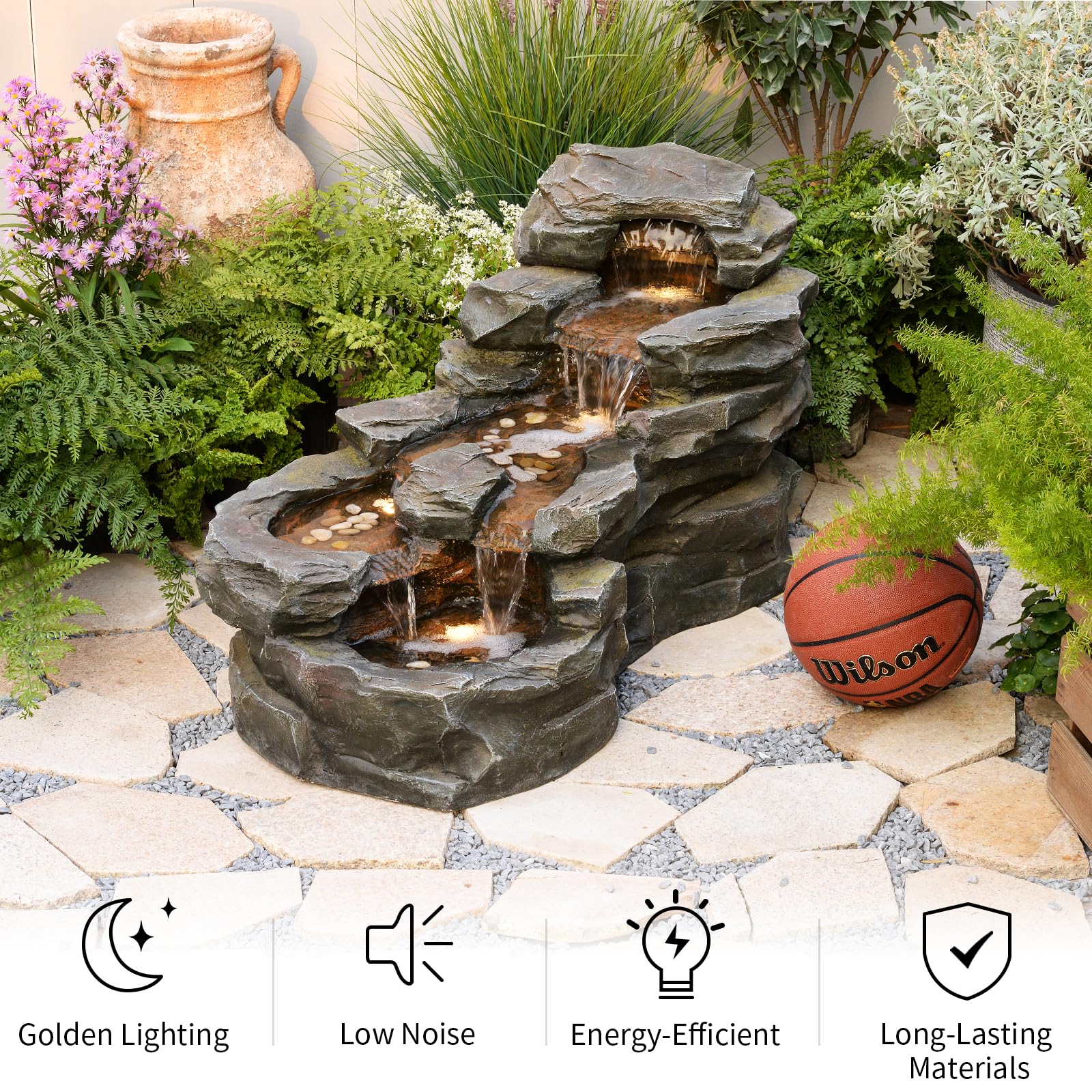 37" L Garden Outdoor Water Fountain, Floor Standing 5-Tiers Rock Natural Waterfall Outdoor Fountains with LED Lights for Patio, Porch, Home Art Decor