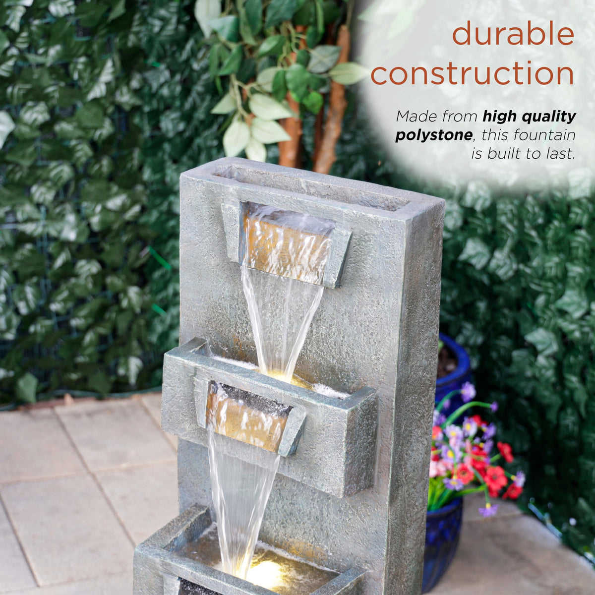 Alpine Corporation TZL406 33" 3 Tier Basin Cascading Fountain with LED Lights, Outdoor Water Feature for Garden, Patio, Backyard & Home Decor, Elegant Waterfall Design, Gray