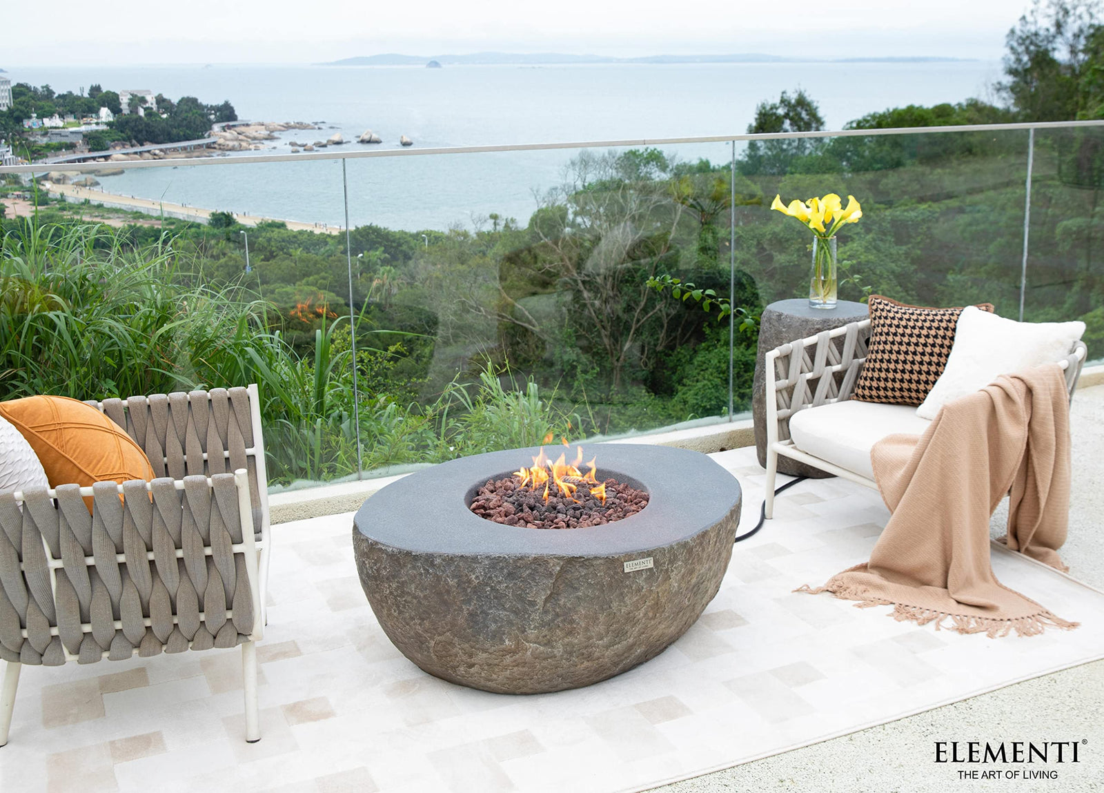 Elementi | Boulder Gas Fire Pit Cast Concrete Semi-Round Fire Table
