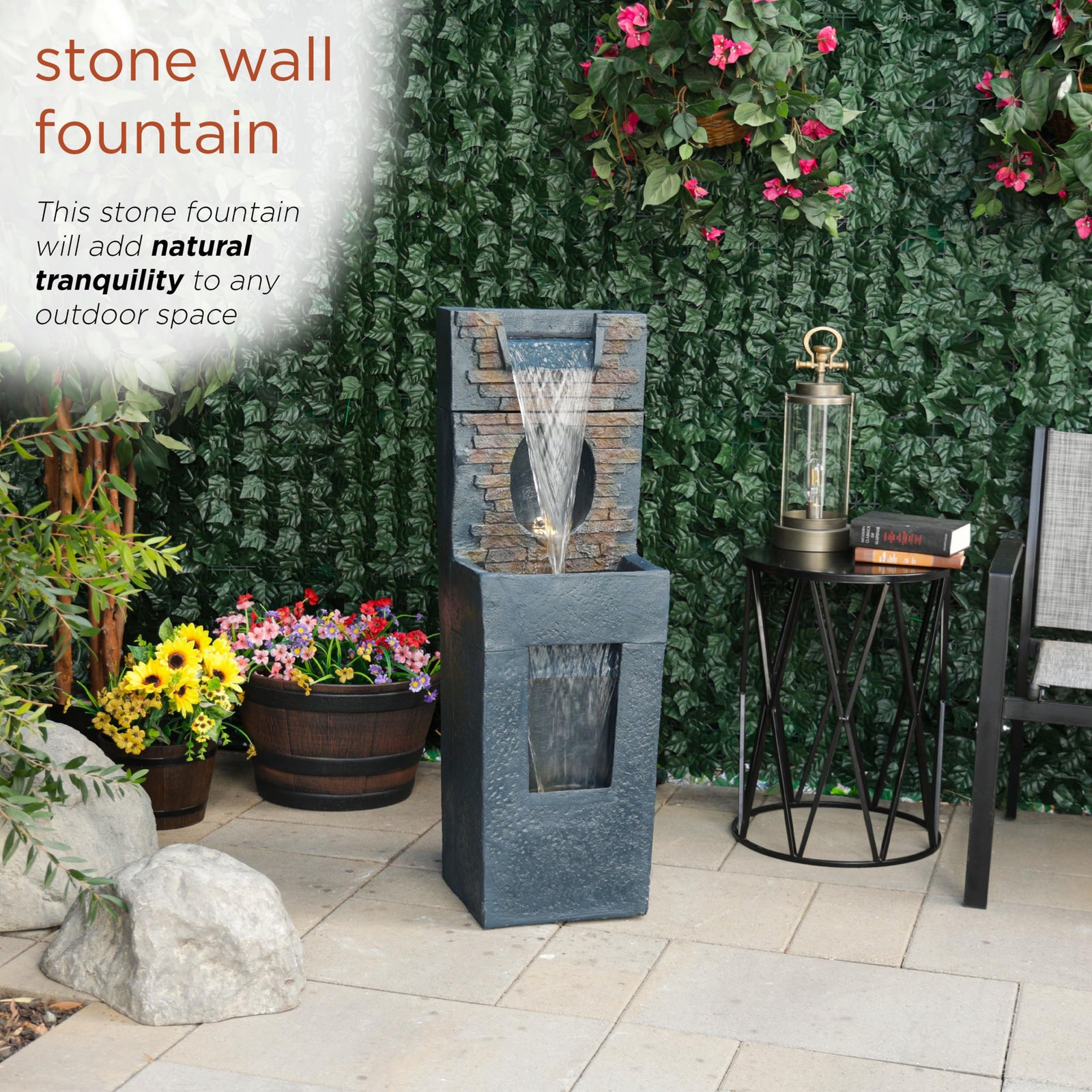Alpine Corporation TZL398 40" Stone Wall Cascading Fountain with LED Lights, Elegant Outdoor Water Feature for Garden, Patio, Backyard & Home Decor, Relaxing Waterfall Fountain, Gray