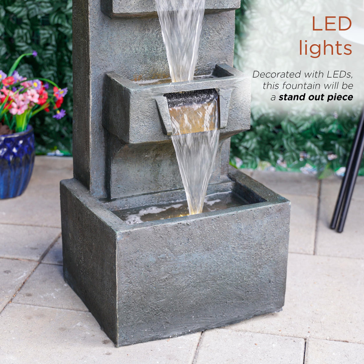 Alpine Corporation TZL406 33" 3 Tier Basin Cascading Fountain with LED Lights, Outdoor Water Feature for Garden, Patio, Backyard & Home Decor, Elegant Waterfall Design, Gray