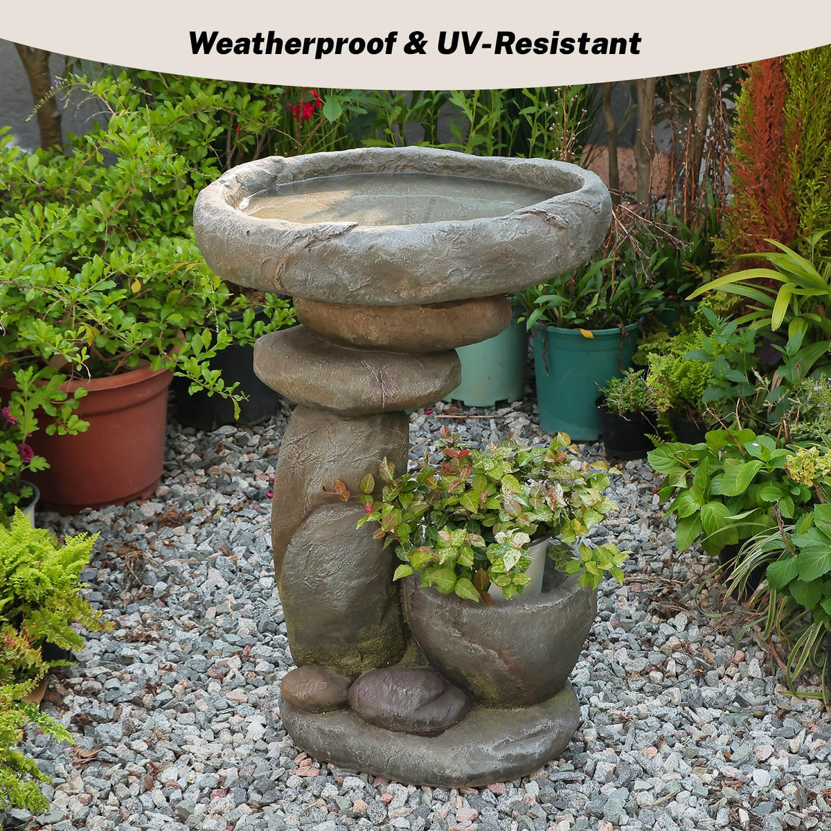 GardesT Solar Fountain for Bird Bath, Water Fountain Outdoor with Planter, Freestanding Rock Solar Waterfall with LED Lights for Garden, Patio, Yard