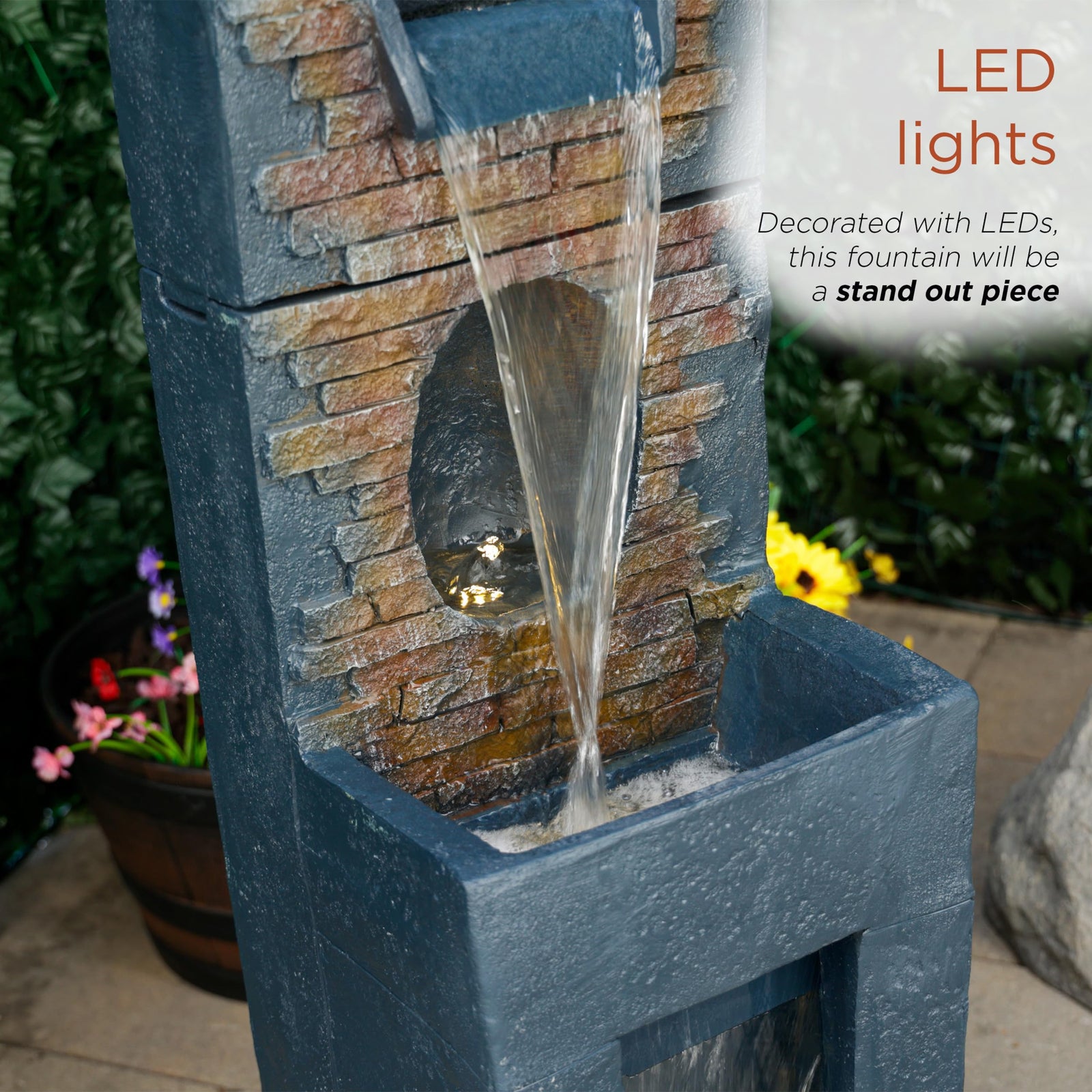 Alpine Corporation TZL398 40" Stone Wall Cascading Fountain with LED Lights, Elegant Outdoor Water Feature for Garden, Patio, Backyard & Home Decor, Relaxing Waterfall Fountain, Gray