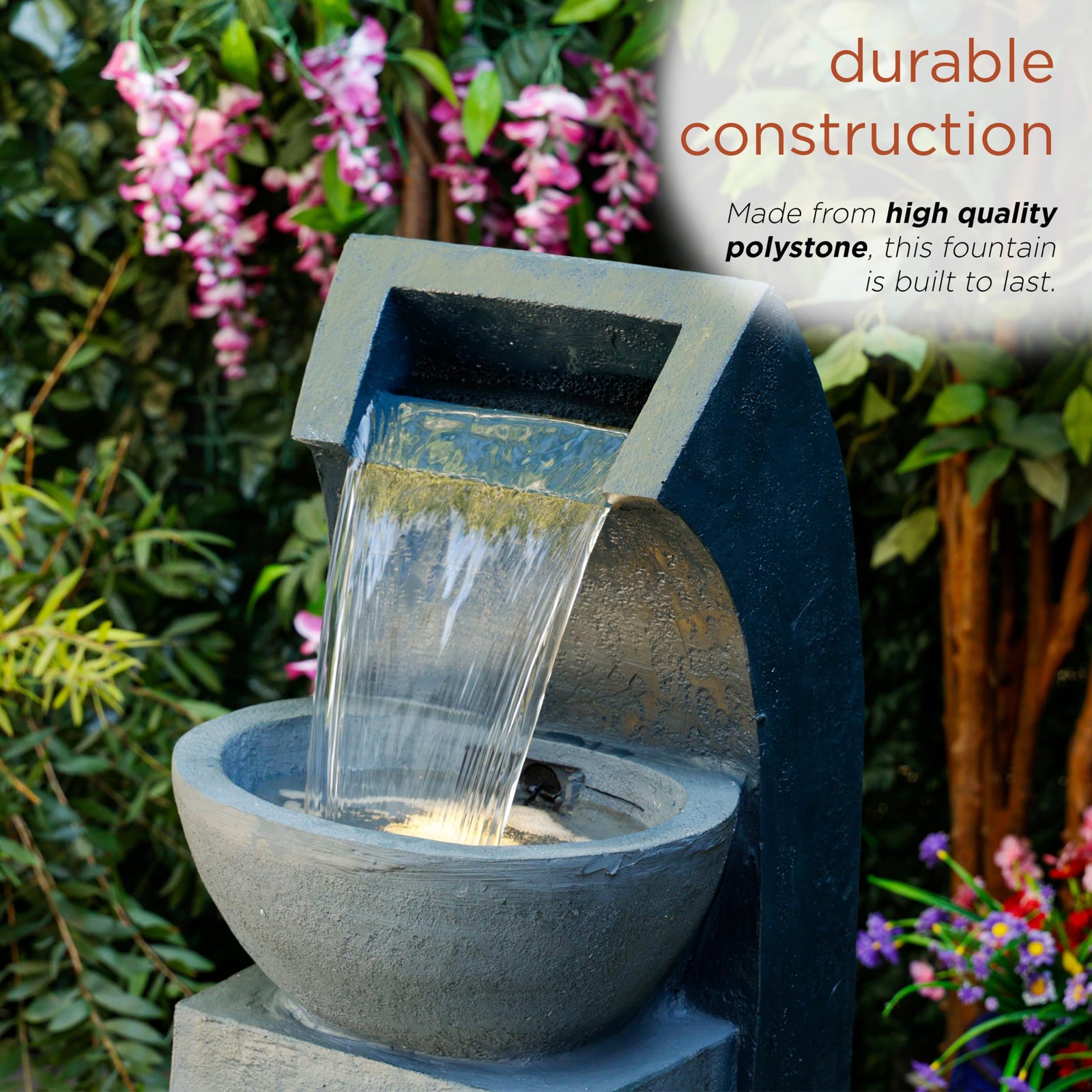 Alpine Corporation 41" Tall Outdoor Basin Waterfall Floor Fountain with LED Lights for Garden, Patio, Lawn and Backyard Decor, Gray