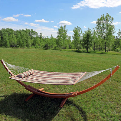 Sunnydaze Double Quilted Fabric Hammock with 13-Foot Curved Arc Wood Stand - 400-Pound Capacity - Sandy Beach