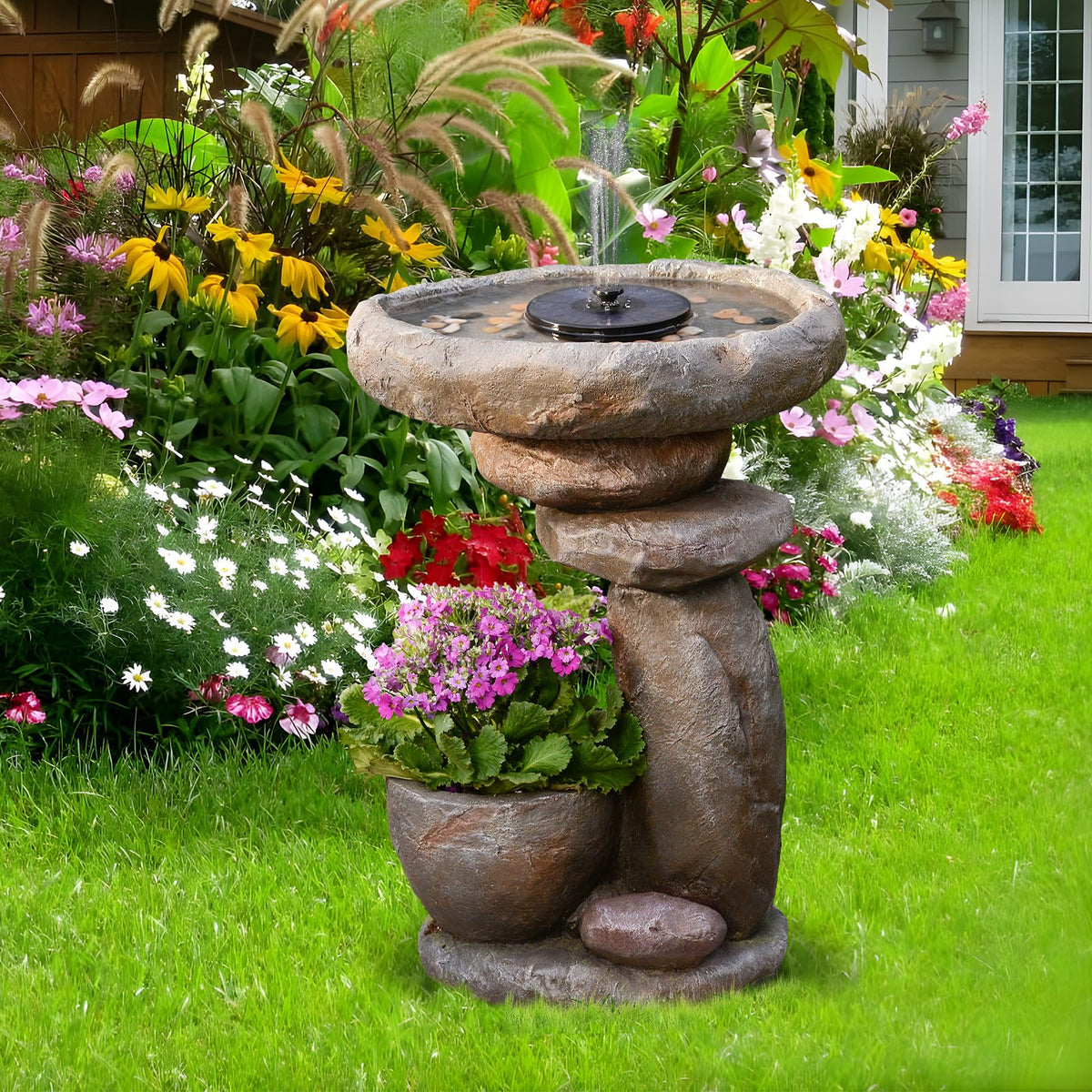 GardesT Solar Fountain for Bird Bath, Water Fountain Outdoor with Planter, Freestanding Rock Solar Waterfall with LED Lights for Garden, Patio, Yard