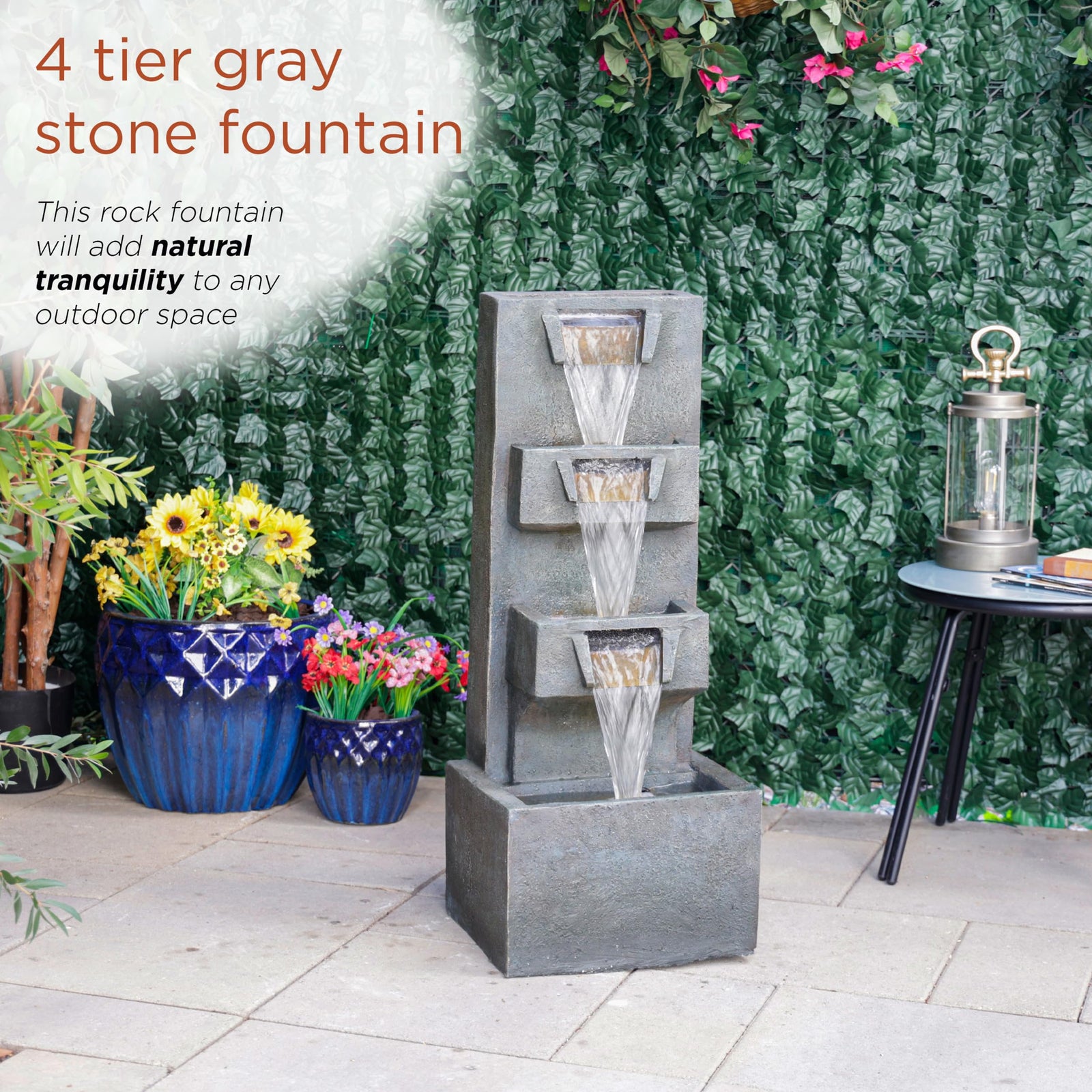 Alpine Corporation TZL406 33" 3 Tier Basin Cascading Fountain with LED Lights, Outdoor Water Feature for Garden, Patio, Backyard & Home Decor, Elegant Waterfall Design, Gray