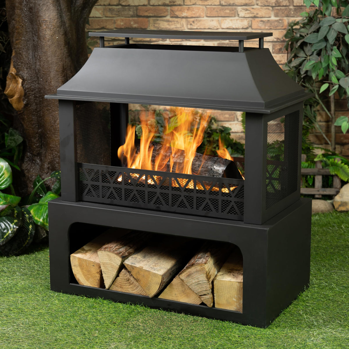 Deko Living 36" Rectangular Steel Outdoor Wood Burning Fireplace - Outdoor Fireplace with Adjustable Cooking Grill &amp; Log Storage Compartment - Camping Fire Place with Safety Screen and Poker