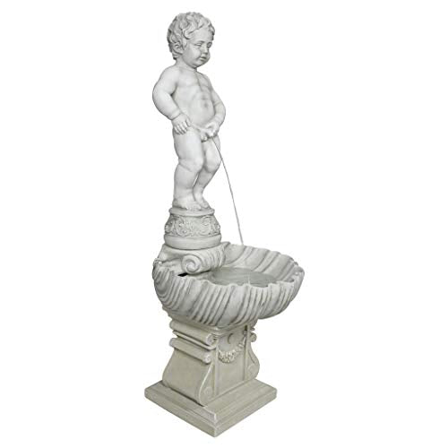 Design Toscano NG33505 Complete Manneken PIS Peeing Boy Fountain Garden Decor with Base Outdoor Water Feature, 17 Inches Wide, 17 Inches Deep, 45 Inches High, Antique Stone Finish