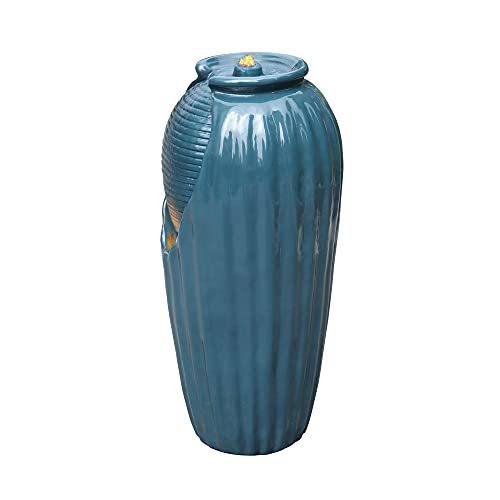 Teamson Home Outdoor Glazed Vase Floor Water Jar Fountain with LED Lights for Garden Patio and Deck, Blue, 14.96 x 14.57 x 31.89