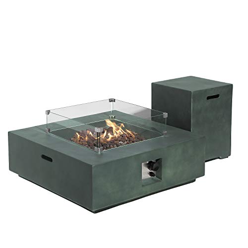 COSIEST 2-Piece Outdoor Propane Firepit Table Set, Gray Faux Stone 35 inches Square Fire Table w 50,000 BTU Stainless Steel Burner, Wind Guard, w Metal Lid 20 Gallon Hideway Tank for Garden, Porch