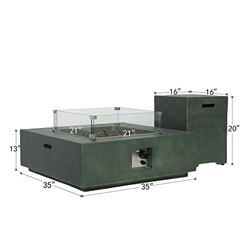COSIEST 2-Piece Outdoor Propane Firepit Table Set, Gray Faux Stone 35 inches Square Fire Table w 50,000 BTU Stainless Steel Burner, Wind Guard, w Metal Lid 20 Gallon Hideway Tank for Garden, Porch