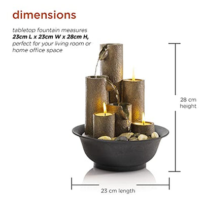 Alpine Corporation Tiered Column Tabletop Fountain with 3 Candles, Mini Waterfall for Indoor Spaces, Relaxation Water Feature, 11" Tall, Brown