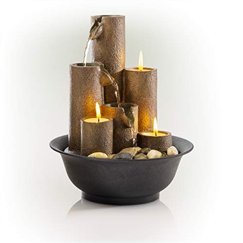 Alpine Corporation Tiered Column Tabletop Fountain with 3 Candles | Mini Waterfall