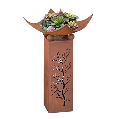 Rustic Metal Column with Removable Dish for Planter Bowl or Fire Bowl | Decorative Outdoor Pillar Sculpture for Outdoors Yard Porch Garden Décor