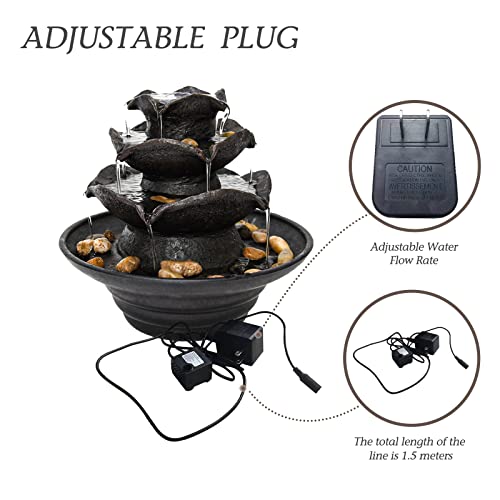 AOC 3 Tier Indoor Water Fountain with LED Lights Tabletop Fountain, Relaxation Tabletop Fountain, Mini Desktop Water Fountain for Living Room Bedroom (Includes Natural River Rocks)