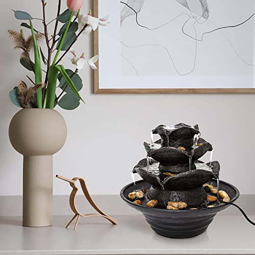 AOC 3 Tier Indoor Water Fountain with LED Lights Tabletop Fountain, Relaxation Tabletop Fountain, Mini Desktop Water Fountain for Living Room Bedroom (Includes Natural River Rocks)