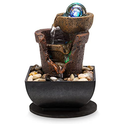 Tabletop Fountain Indoor Waterfall Meditation Fountain Office Relaxing Tabletop Fountain Includes Many Natural River Rock LED Lights Rolling Decorative Bubble Balls