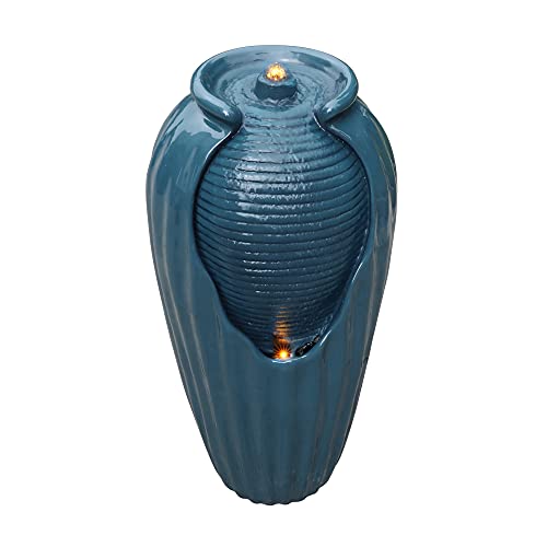 Teamson Home Outdoor Glazed Vase Floor Water Jar Fountain with LED Lights for Garden Patio and Deck, Blue, 14.96 x 14.57 x 31.89