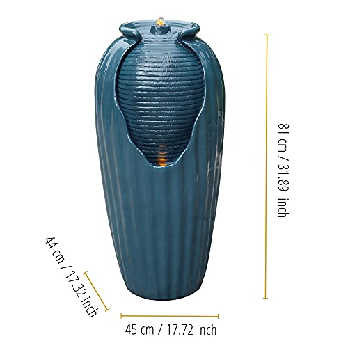 Teamson Home Outdoor Glazed Vase Floor Water Jar Fountain with LED Lights for Garden Patio and Deck, Blue, 14.96 x 14.57 x 31.89