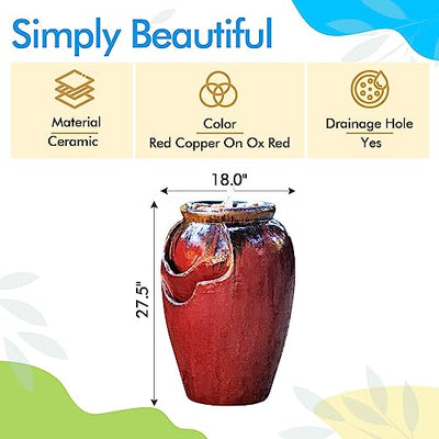 PLANTATOREM Tea Garden Fountain,27.5 Inch Tall, SELF CONTAINED, RED Copper ON OX RED, Modern Floor-Standing Waterfall Feature,Ceramic Fountain for Garden Patio,Yard Fountains Outdoor and Garden