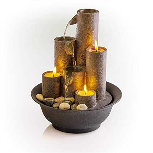 Alpine Corporation Tiered Column Tabletop Fountain with 3 Candles | Mini Waterfall