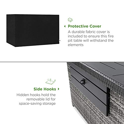 Best Choice Products 52in Gas Fire Pit Table, 50,000 BTU Outdoor Wicker Patio Propane Firepit w/Aluminum Tabletop, Glass Wind Guard, Clear Glass Rocks, Cover, Hideaway Tank Holder, Lid - Gray