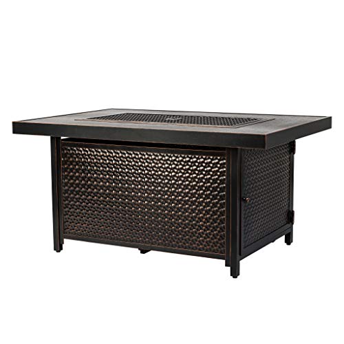 Fire Sense Weyland Rectangular Aluminum LPG Fire Pit Table | Hammered Antique Bronze Finish | 50,000 BTU Output | Uses 20 Pound Propane Tank | Fire Bowl Lid, Vinyl Weather Cover, and Clear Fire Glass
