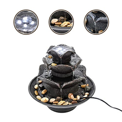 AOC 3 Tier Indoor Water Fountain with LED Lights Tabletop Fountain, Relaxation Tabletop Fountain, Mini Desktop Water Fountain for Living Room Bedroom (Includes Natural River Rocks)