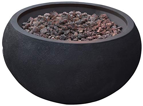 Modeno York Outdoor Firepit Table Grey Durable Round Fire Bowl Glass Fiber Reinforced Concrete Patio Fireplace 27 Inches Electronic Ignition Cover Lava Rock Included Natural Gas