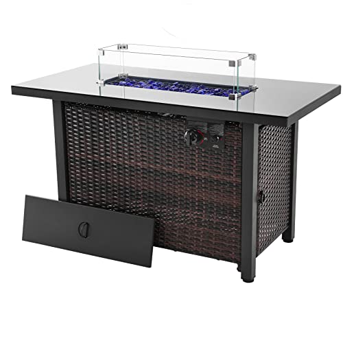 44 in Propane Fire Pit Table,Rattan Fire Pit Table with Glass Wind Guard
