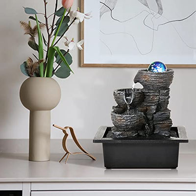 Dyna-Living Water Fountains Indoor Tabletop Fountain with Pump Waterfall Fountain Indoor Coloured LED Lights Desk Water Fountains for Home Office Decor